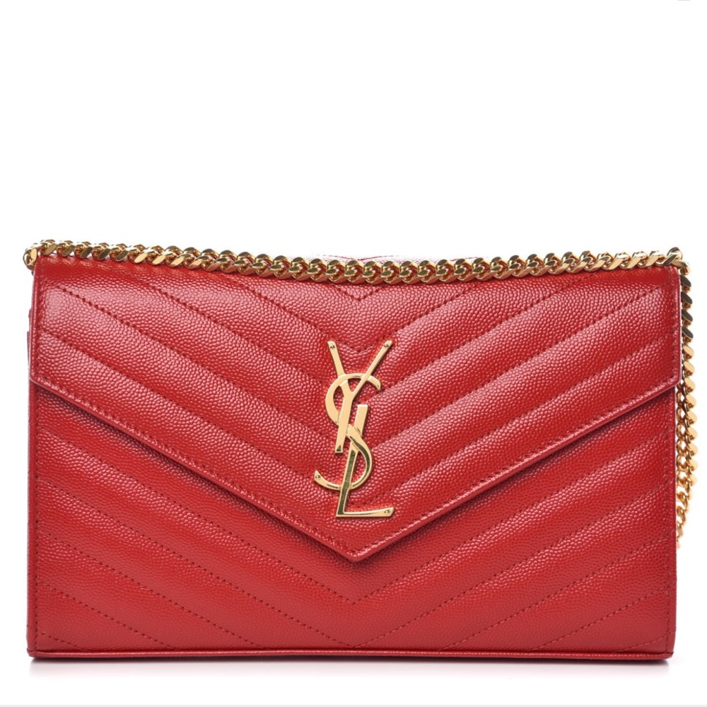 Saint Laurent YSL Monogram Quilted Leather Wallet on a Chain Bandana Red